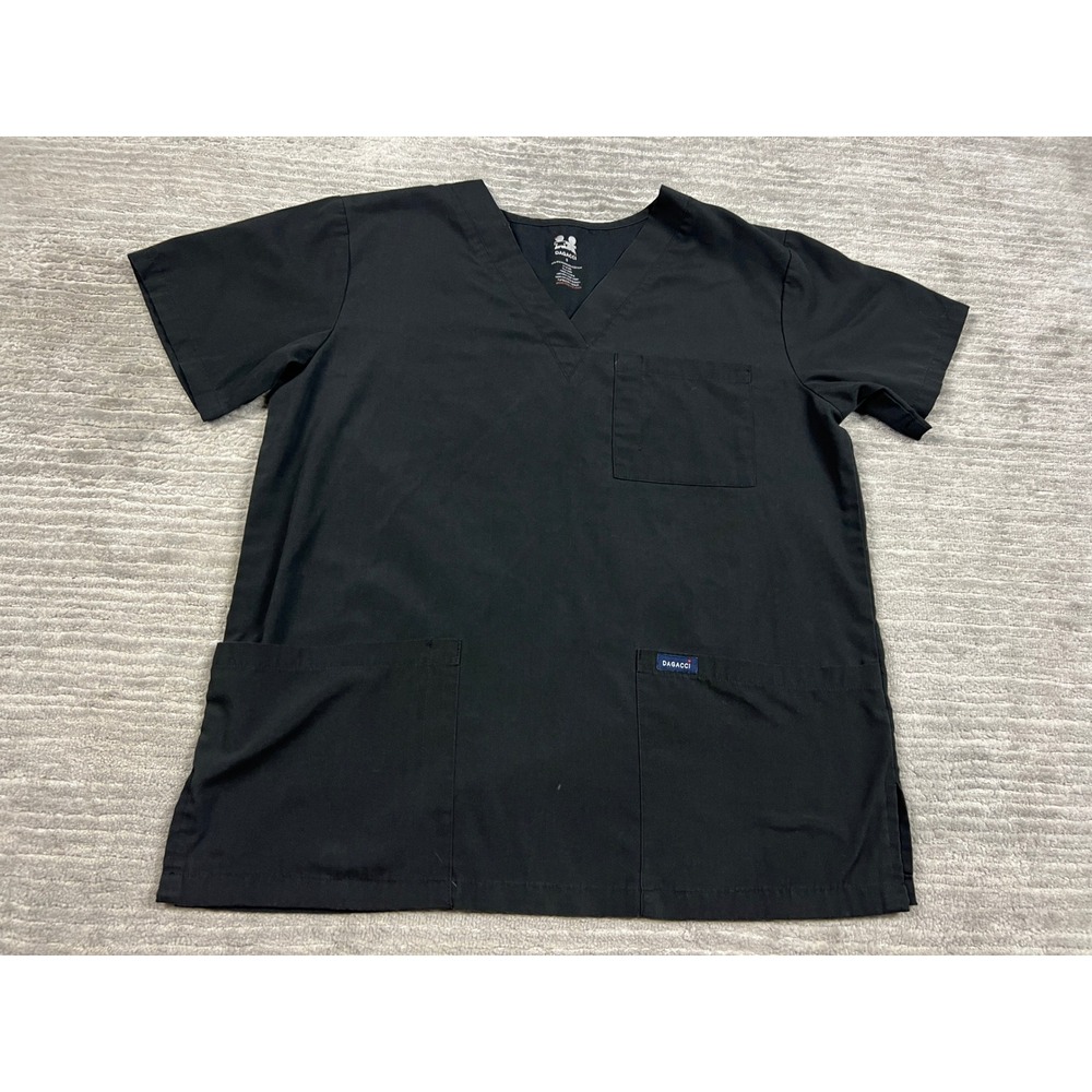Dagacci Scrub Top Unisex Small Black V-Neck Short Sleeve 3-Pocket Workwear